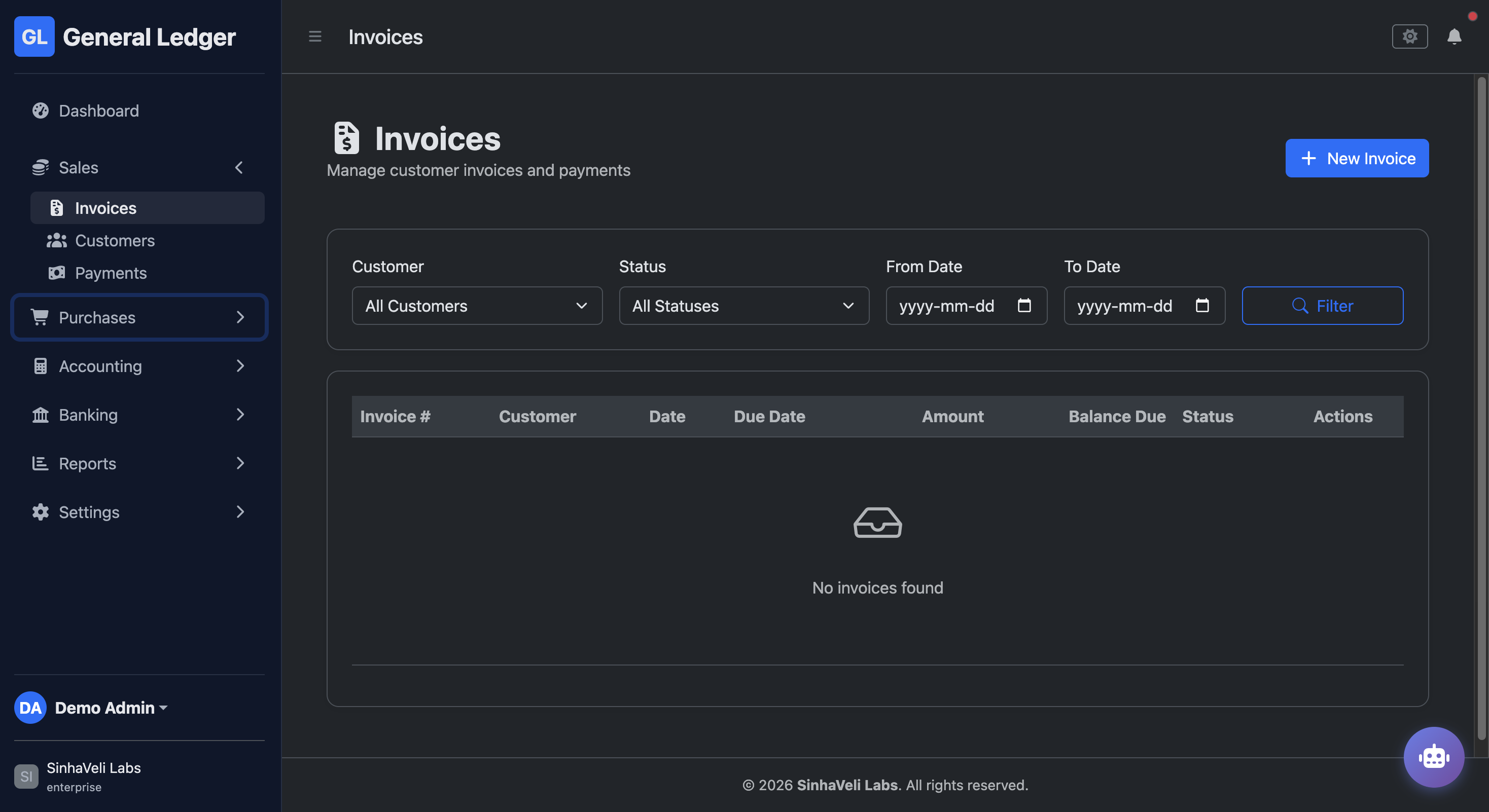 General Ledger invoices screen with customer, status, date filters, and invoice table